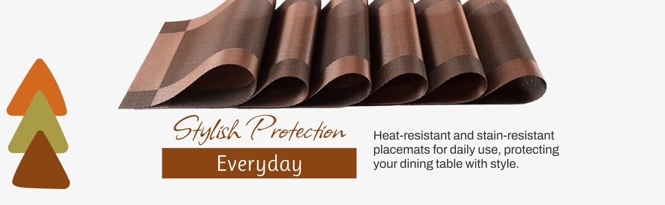 P-Plus International Placemats Place Mats for Kitchen Dining Table, Heat-Resistant StainAnti-Skid Washable PVC Table Mats,Vinyl Dinner Mats (Brown, 6 Pack)