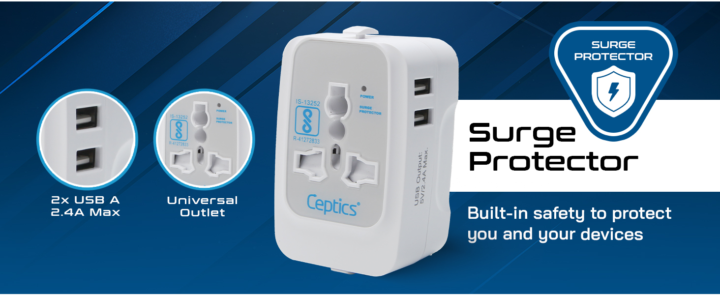 Ceptics Universal Japan Travel Adapter, 3 in 1 India to Japan Plug Adapter, Universal Travel Accessories 2 USB 2.4A, 100-250 Voltage Travel Charger, Universal Charger Adapter, White