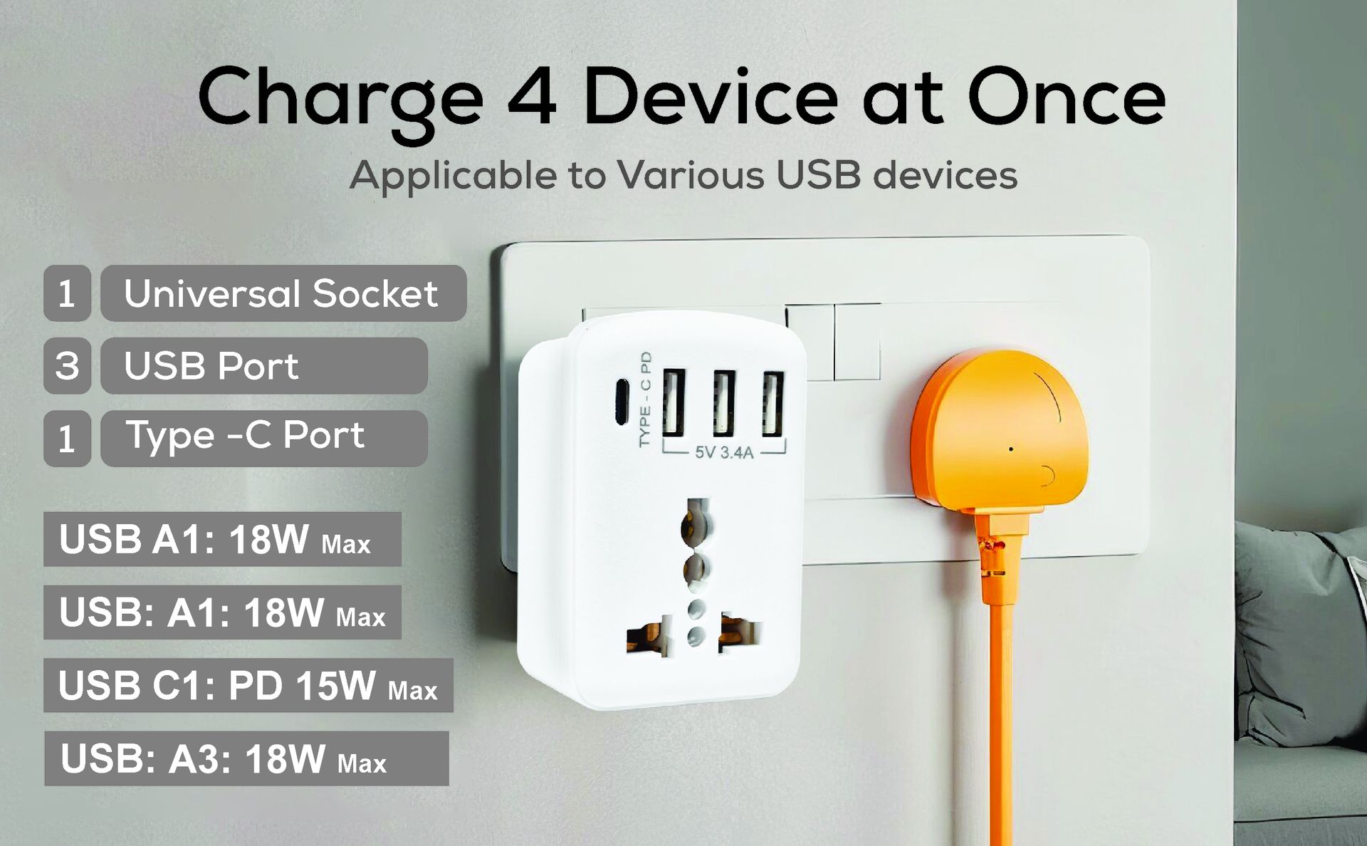 MX 5-in-1 MultiPort Adapter with Cordless Extension Board | Universal AC Socket, 1 x Type C, 3 x USBs, 2500W Output, 15W USB C & 3.4A USB-A PD Charging Output, Ideal for Tight Spaces, Travel Adapter