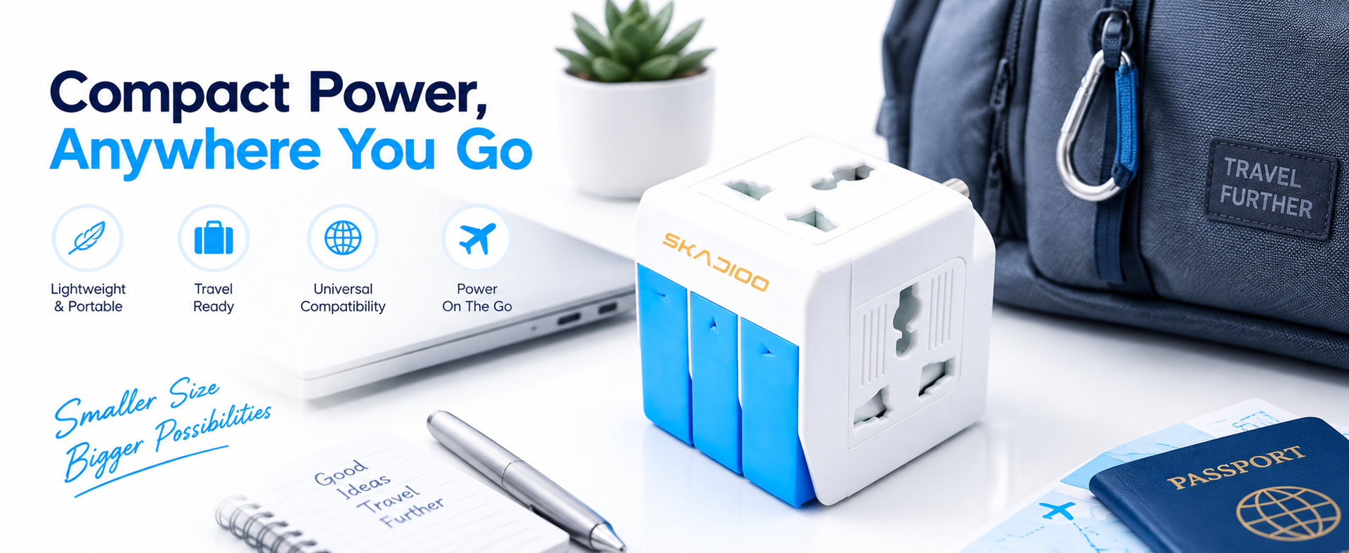 SKADIOO Universal Charger Adapter | 2 Years Warranty, 3-in-1, 5A - 250V | Adapter Charger, Universal Travel Adapter All in One, Multi Plug Adapter, Individual Switch and Fuse Protected (White, Blue)