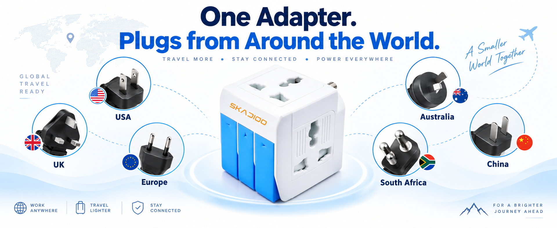 SKADIOO Universal Charger Adapter | 2 Years Warranty, 3-in-1, 5A - 250V | Adapter Charger, Universal Travel Adapter All in One, Multi Plug Adapter, Individual Switch and Fuse Protected (White, Blue)