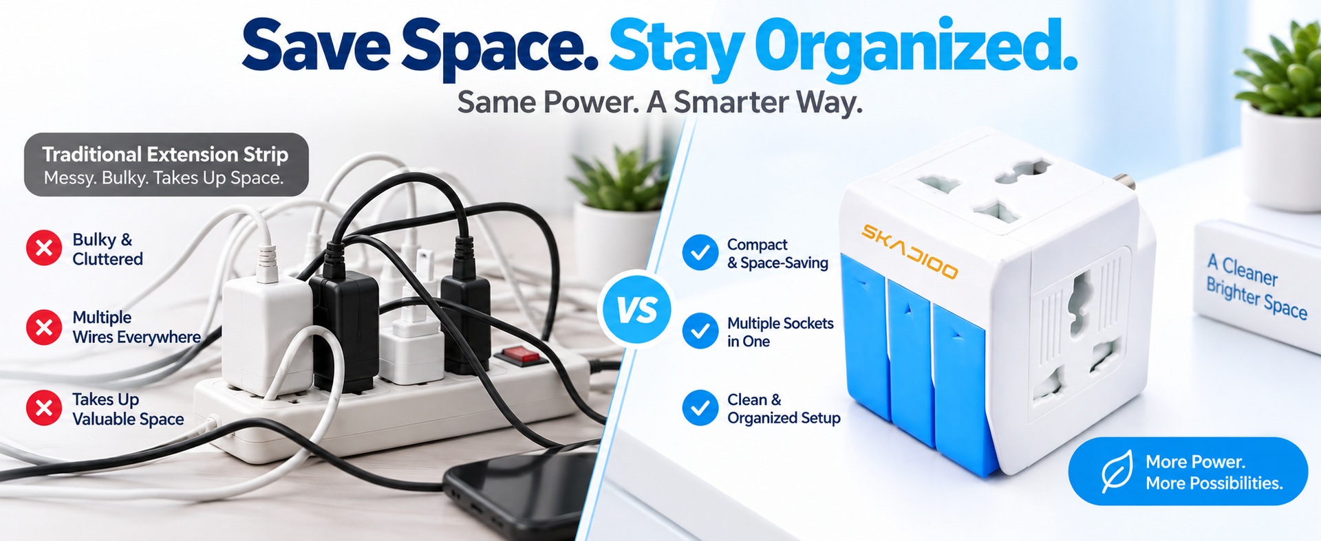 SKADIOO Universal Charger Adapter | 2 Years Warranty, 3-in-1, 5A - 250V | Adapter Charger, Universal Travel Adapter All in One, Multi Plug Adapter, Individual Switch and Fuse Protected (White, Blue)