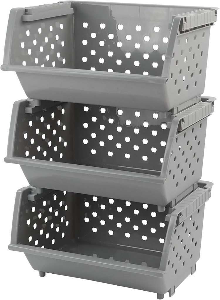 3 Pack Stacking Open Front Storage Bins, Gray Stackable Pantry Basket Plastic