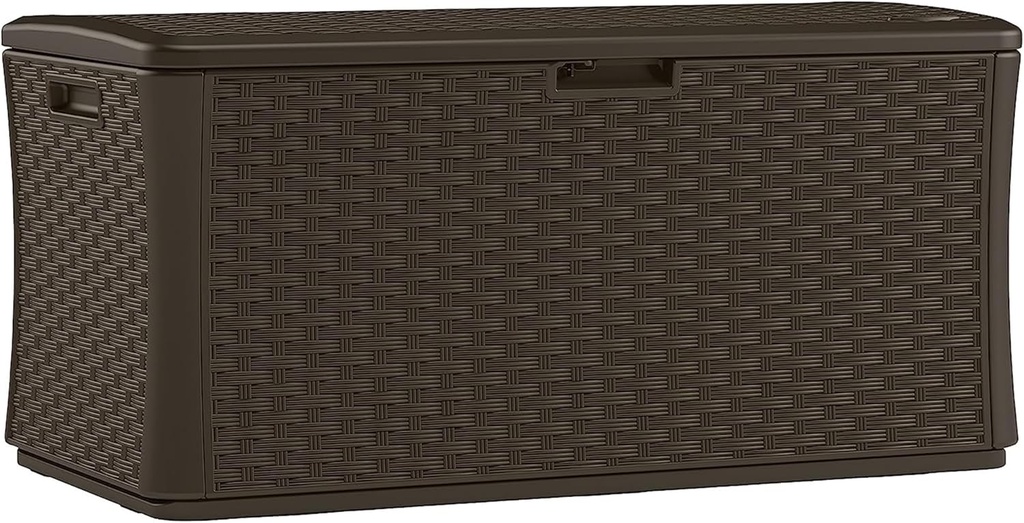 Suncast 134 Gallon Extra Large All-Weather Wicker Pattern Deck Box with Lockable Lid for Garden, Garage, Patio, or Outdoor Use, Java