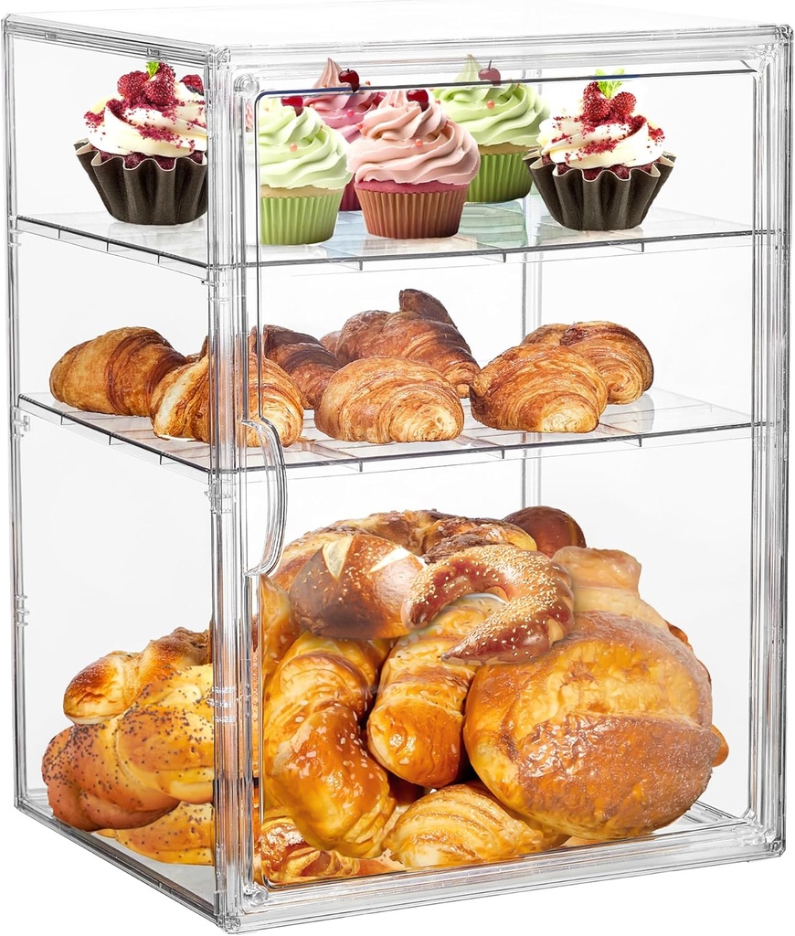 Bread Box For Kitchen Countertop Pastry Bakery Display Case 3 Layers Adjustable Large Bread Storage Container For Homemade Bread, 1 Pack