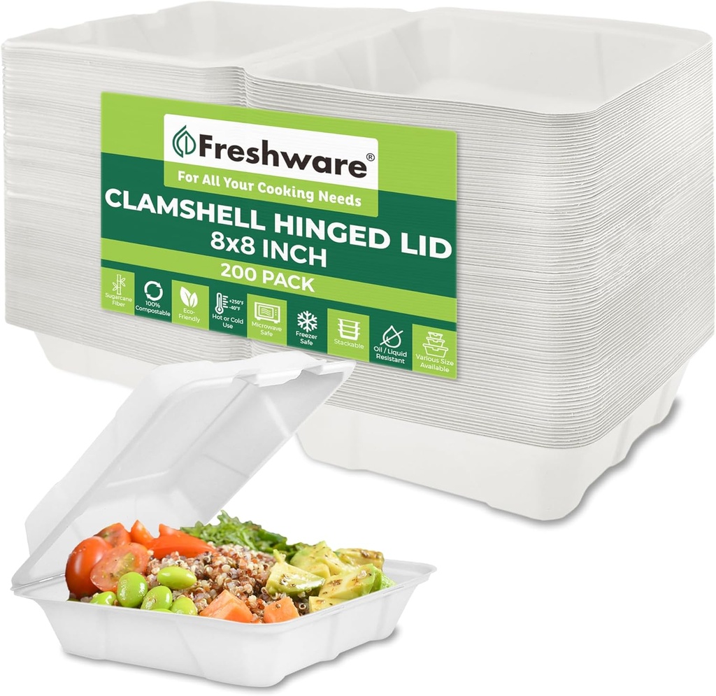 Freshware Compostable Clamshell Food Containers [8x8" 200-Pack] Disposable To Go Containers, Biodegradable Sugarcane To Go Boxes - Heavy Duty Paper Containers - Microwave & Freezer Safe, Stackable