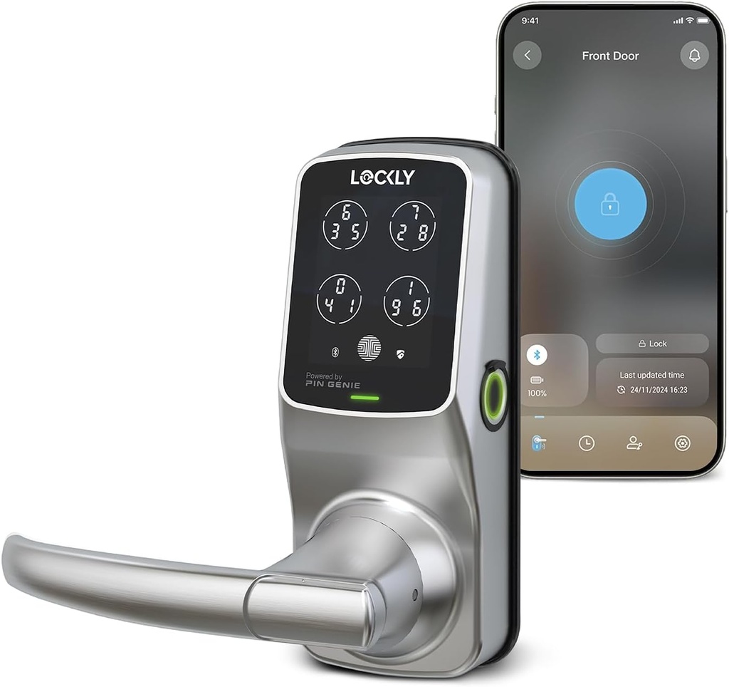 Lockly Secure Plus Smart Lock Bluetooth, 3D Biometric Fingerprint Sensor Front Door Lock with Handle, Digital Keypad Keyless Entry Door Lock, Voice Control & Auto Lock - Latch Edition