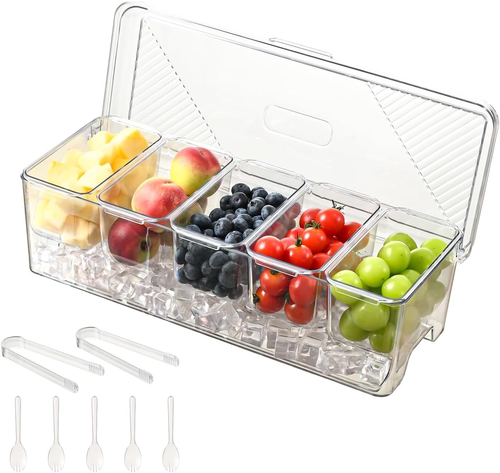 Large Chilled Condiment Caddy,Stackable Chilled Condiment Containers Server with Lids for 5 Removable Compartments (5 Containers, 1 pack)