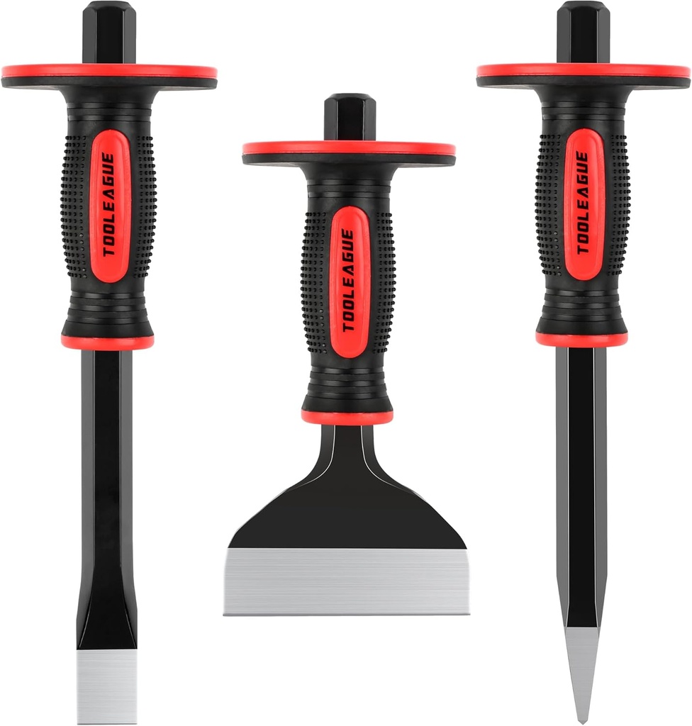 TOOLEAGUE 3Pcs Heavy Duty Masonry Chisel Set, Stone and Rock Tool,11-Inch Point & Flat Chisel, 8-Inch Brick Chisel with Hand Protection