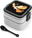 Cute Phoenixs Stackable Bento Box for Adults Double Layer Lunch Boxes Set with Spoon And Invisible Handle