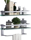 VOLPONE Glass Bathroom Shelf 15.7in Bathroom Shelf Wall Mounted Floating Glass Shelves with Towel Holder Glass Shower Shelf 2 Tier (Sliver)