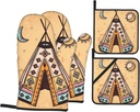 Oven Mitts Pot Holders Set Non-Slip Cooking Kitchen Gloves Native American Southwestern Navajo Art Washable Heat Resistant Oven Gloves for Microwave BBQ Baking Grilling