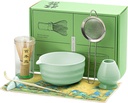 RONBEI Matcha Whisk Set, Japanese Matcha Set with Ceramic Bowl, Bamboo Whisk, Stainless Sifter, Scoop and Holder, Jade Green Matcha Kit for Matcha Lover(7 Pcs)