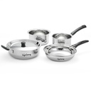 长寿 4 Pc 无污钢器皿 | 2.2L Kadhai 配有 Lid 22cm | 1.4L Fry Pan 22cm | 1.2L Saucepan 14cm | 1.4L Tope 16cm 配有常见的 Lid | 介绍与气体兼容 | Bakeleti 手