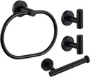 Bathroom Hardware Set 4-Piece Matte Black, Angle Simple Stainless Steel Bathroom Accessories with Towel Hook X 2, Toilet Paper Holder and Rotary Towel Ring, Wall Mount