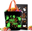 Aleture Trick or Treat Bag, Glow in The Dark Halloween Candy Canvas Tote Bag with Handle, Light Up Ghost Reusable Portable Collapsible Trick or Treat Bucket, Halloween Gifts for Kids Teens Women Men