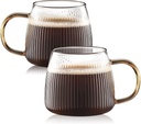 Vintage Glass Coffee Mugs Set of 2 Ribbed Drinking Glasses Clear Tea Cups Borosilicate Glass Cup in Vertical Stripes Pattern for Cappuccino,Latte,Beverage (14 Fl.Oz.,Yellow Handle)