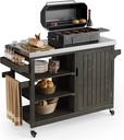 YITAHOME XL Solid Wood Outdoor Grill Cart Storage Cabinet with Stainless Steel Table Top and Spice Rack, 53.74’’ L x 20.27’’ W Patio Bar Cart, Outdoor Kitchen with Lockable Wheels, Single Door Brown