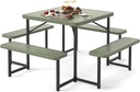 Giantex Picnic Table Bench Set for 4-8 People, 34" Outdoor Square Dining Table & 2 Benches w/Umbrella Hole, HDPE Tabletop, Metal Frame, Patio Camping Furniture for Backyard Porch Lawn (Green,Square)