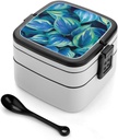 Green Planet Plants Stackable Bento Box for Adults Double Layer Lunch Boxes Set with Spoon And Invisible Handle