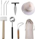 Coconut Opener Tool Set for Young Coconut - Coconut Opener Kit with Hammer - Food Safe Stainless Steel Coconut Opener Tools&Rubber Mallet | Meat Removal | Straw | Silicone Mat | Storage Bag by KINGLEV