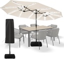 Sundale Outdoor Solar 144 LED 15 ft Olefin 5-Year-Non-Fading Patio Umbrella with Sandbag Base Included and Cover, Outdoor Double-Sided Umbrella, Beige