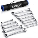 DISEN Flare Nut Wrench Set Metric and SAE 12-Piece Inch1/4 to 7/8" & 6-21mm, CR-V Steel Brake Line Wrench Set with Organizer Pouch,Father's Gift