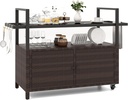 Tangkula Outdoor Bar Cart, Patiojoy Rolling Wicker Buffet Serving Cart with Tempered Glass Top, Storage Cabinet & 8 Hooks, Kitchen Island Cart on Wheels for Porch Backyard Garden Poolside (Mix Brown)