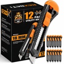 REXBETI 12Pack Utility Knife、卡通、纸板和盒子的可折叠盒切割器、18毫米大剃刀尖刀、平滑机制、适合办公和家用