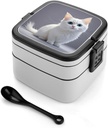 White Cute Cat Bento Box with Spoon, 2-layer Stackable Lunch Box Leak Proof with Invisible Handle, Insulated Food Storage for Office, Picnic & Travel