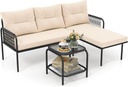 Tangkula 3-Piece L Shaped Patio Furniture Set, PE Rattan Sectional Sofas with Tempered Glass Table, Back and Seat Cushions, Outdoor Conversation Set for Porch, Backyard and Poolside