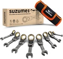 SUZUME Stubby Wrench Set 8PCS Metric (8-17mm) 180° Flexible Head 10K Gear Cycles Tested 90-Tooth CR-V Steel for Tight Engine Bays & with Motorcycle Repair with Rolling Pouch​