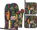 4 Pcs Books Oven Mitts and Potholders,Kitchen Oven Glove with Pot Holders,Non-Slip Gloves High Heat Resistant 500 Degree for BBQ, Grill, Baking, Cooking, Oven, Microwave