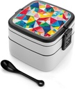 Colorful Geometric Art Pattern Portable Bento Box with Handle 2 Compartment Leak-Proof Stackable Lunch Box for Work Picnic Camping